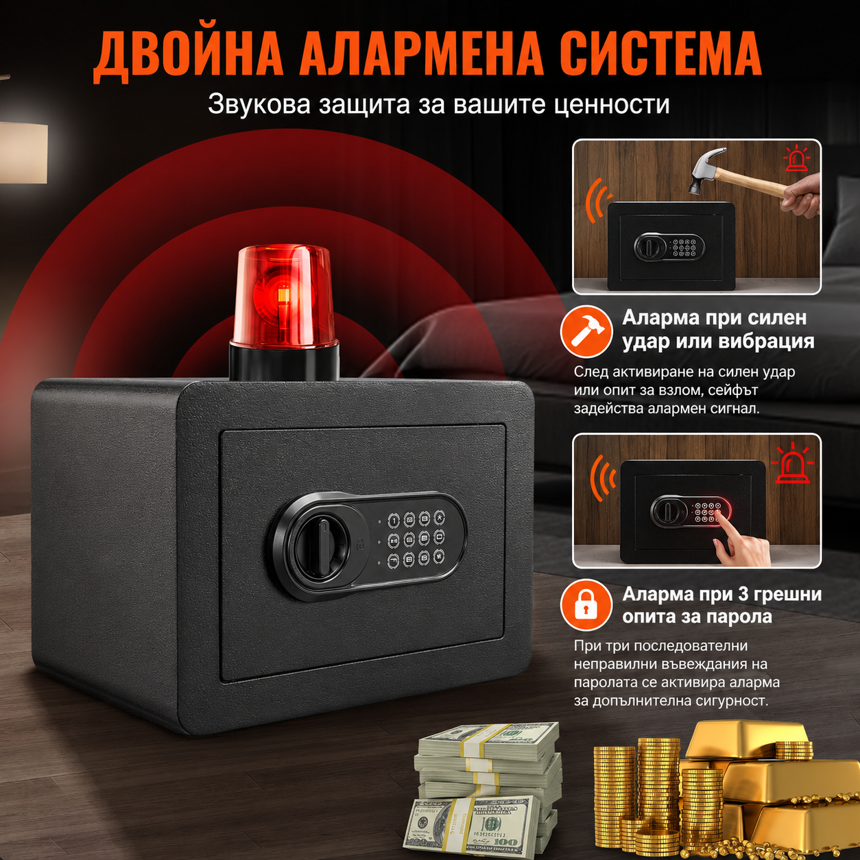 Стоманен сейф с обем 14.2л, цифрова клавиатура, 2 ключа
